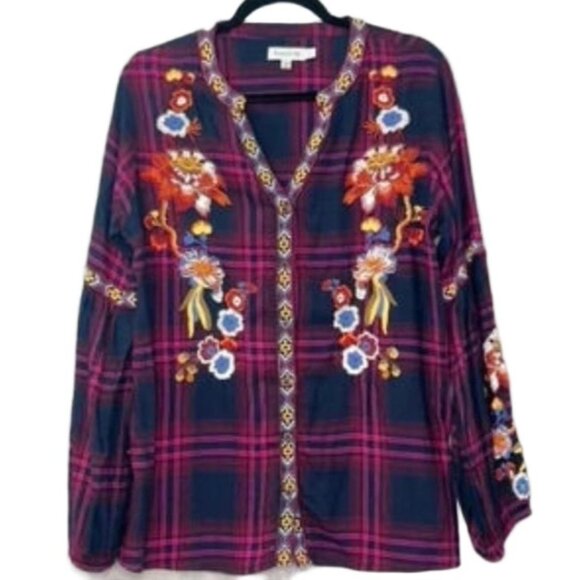 Time For Me Plaid Embroidered Floral Balloon Sleeve V-Neck Blouse Women's Small - Picture 2 of 15